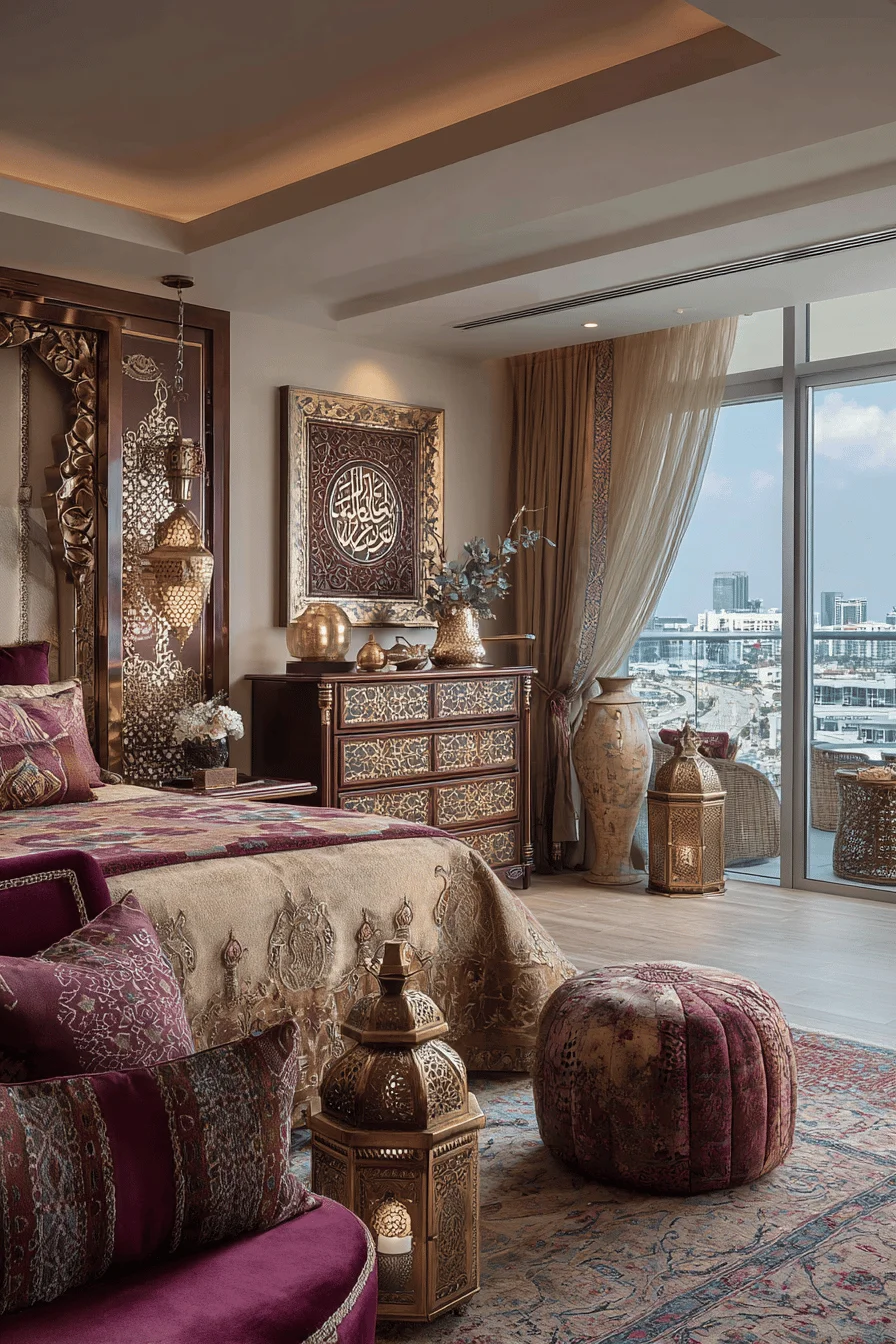 dubai inspired luxurious bedroom with velvet bed persian rug and silk curtains framing city views