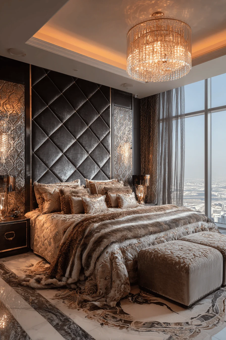 dubai inspired luxurious rooms bedroom with velvet panels chandelier marble floors and silk bedding