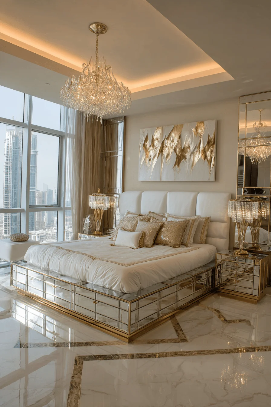 dubai style luxurious bedroom decor ideas featuring mirrored furniture marble floors crystal chandelier automated drapes king bed