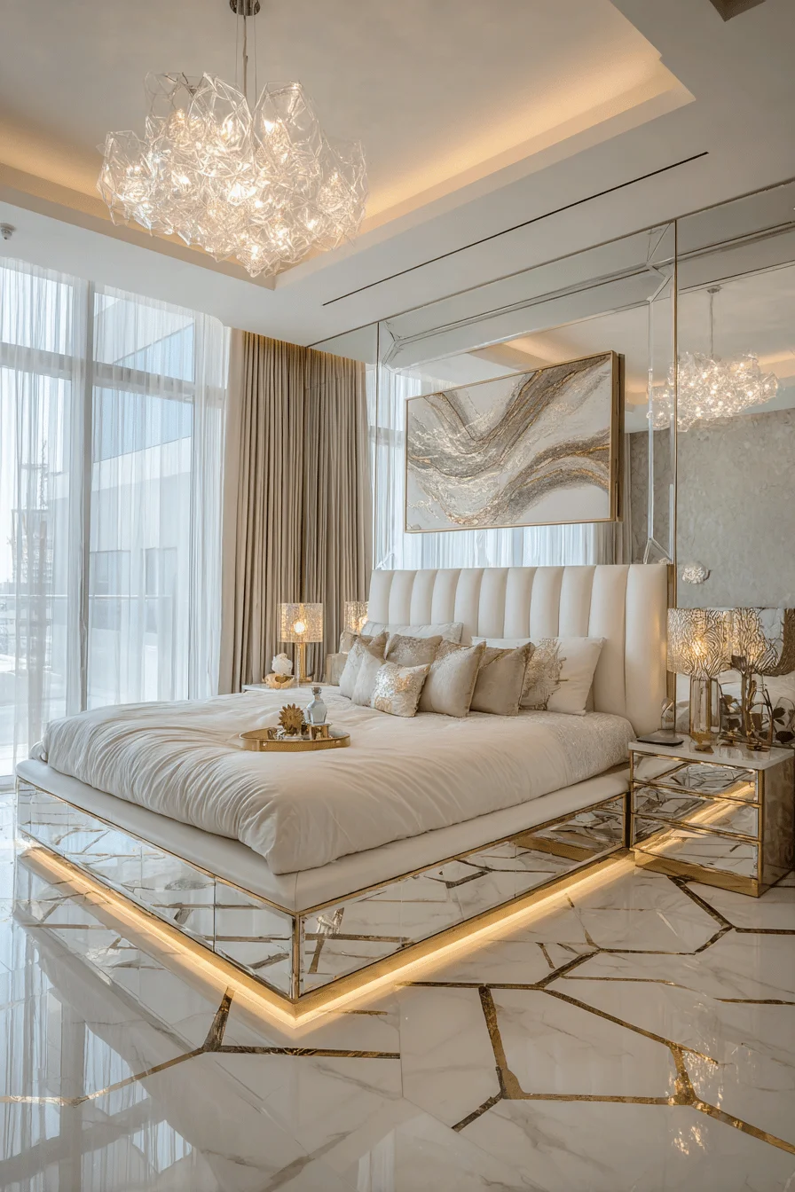 dubai style luxurious bedroom decor ideas with modern glamour king bed crystal chandelier marble floors gold accents