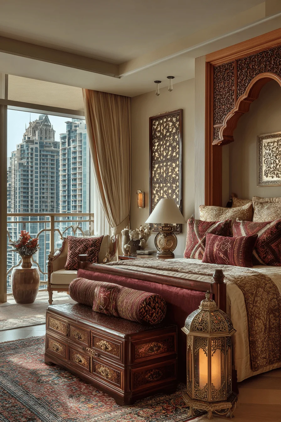 dubai style luxurious bedroom with arabian influenced accessories brass lantern velvet bed and persian rug