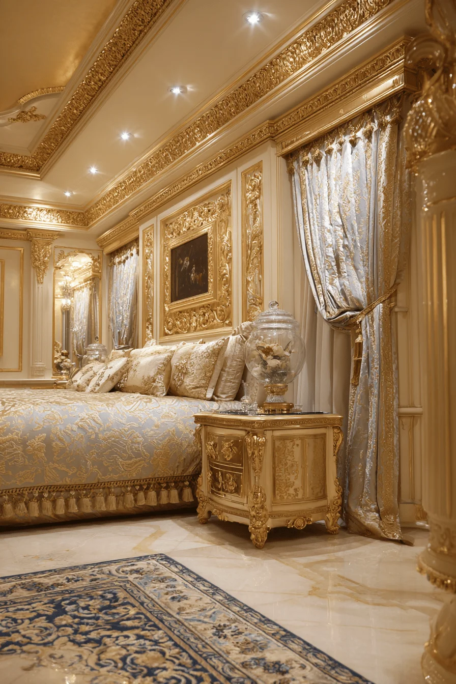 dubai style luxurious bedroom with gold accents ornate gilded wall molding crystal vase silk drapes and arabesque patterned rug