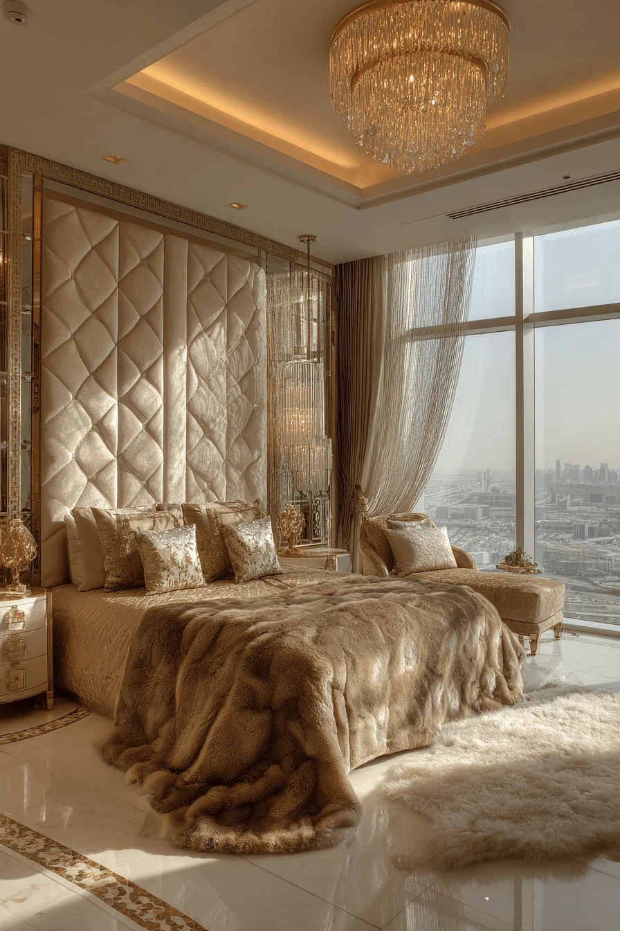 dubai style luxurious rooms bedroom with velvet tufted wall panels crystal chandelier and marble floors