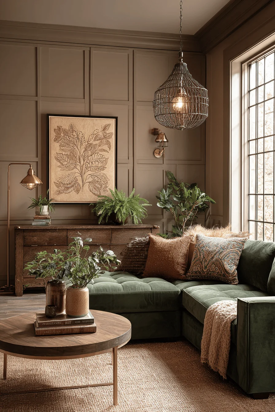earthy homes living space featuring walnut furniture jute rug and tranquil botanical elements