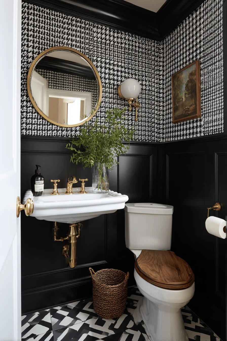 elegant downstairs toilet ideas combining victorian elements dark wainscoting patterned wallpaper brass accessories