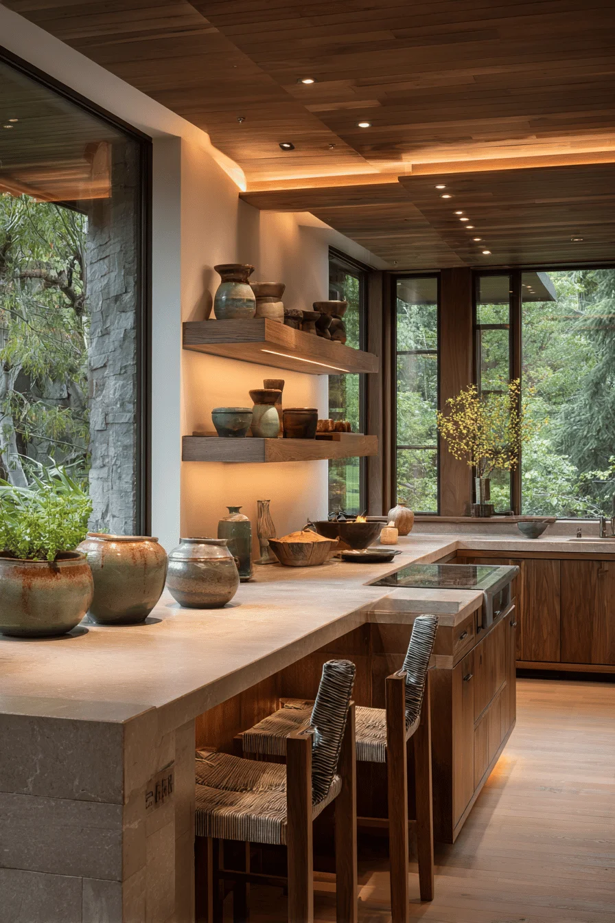 elegant earthy home decor featuring warm taupe wood ceiling natural stone countertops and quality hardwood elements