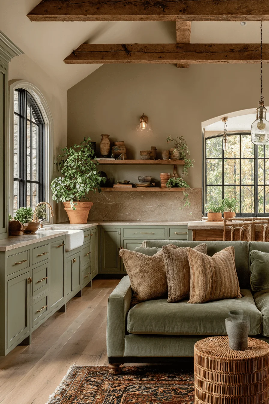 elegant earthy home interior featuring sage cabinetry limestone countertops wooden beam natural light persian rug