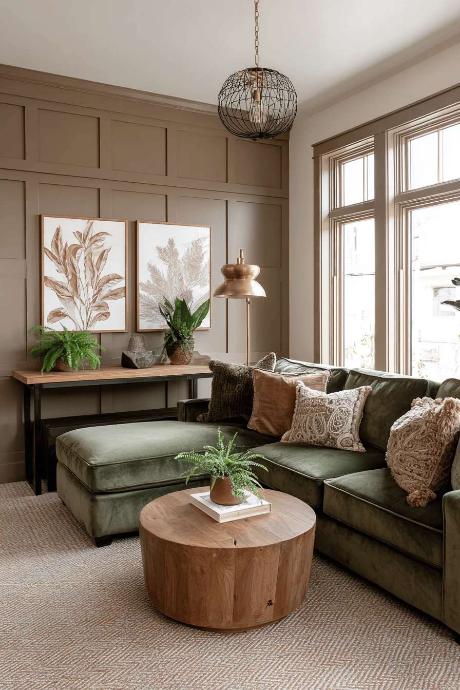 elegant earthy homes living area with rich browns sage green and sophisticated organic textures