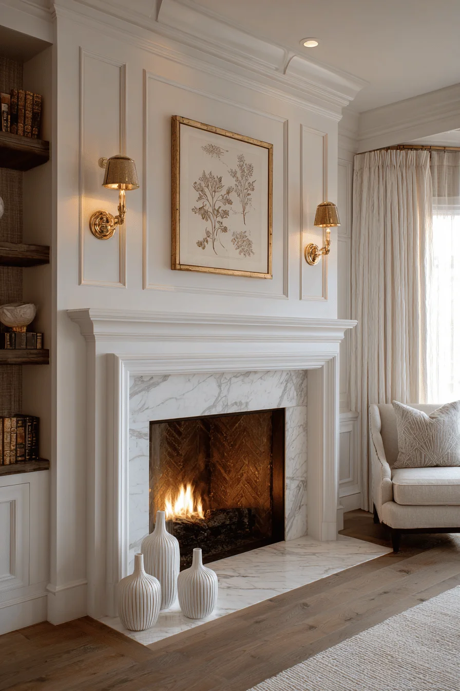 elegant fireplace decor with white marble surround oak flooring english cottage stone fireplace gold framed artwork ceramic vessels home decor ideas