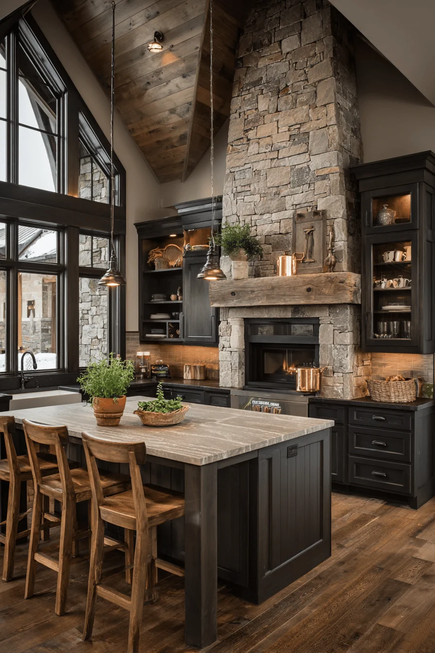 elegant galley kitchen with dark rustic wood floors stone countertops and efficient layout showcasing timeless house design ideas