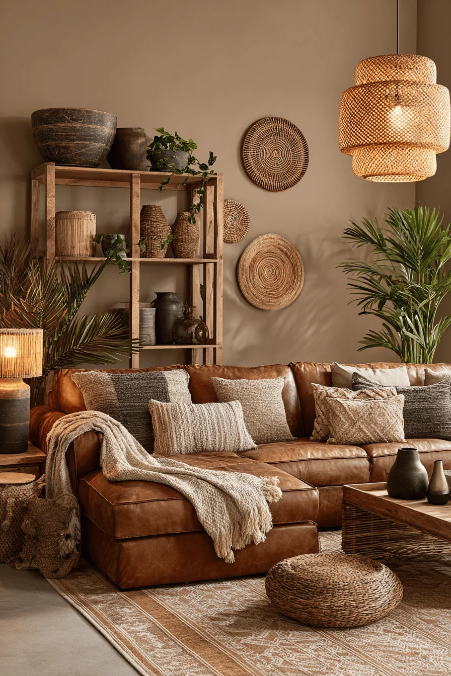 elegant living room with warm earth tone palette woven pendant light and thoughtfully arranged botanical elements