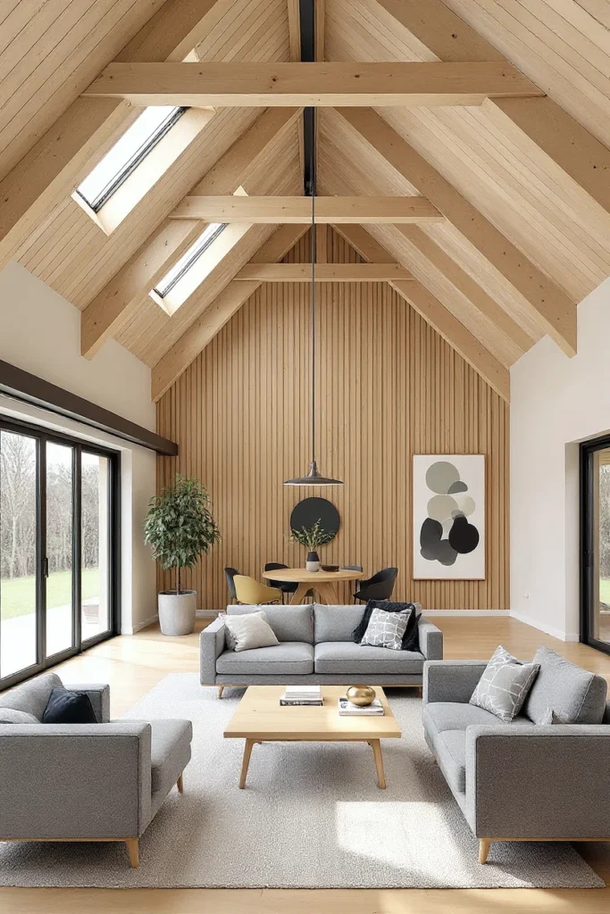 english cotswolds style modern barn house interior with soaring ceiling wood beams skylights gray sofas barn house conversion