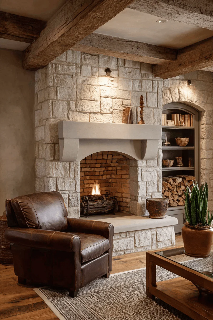 english cottage fireplace makeover featuring limestone surround oak beam mantel home interior design cast iron stove rustic oak flooring