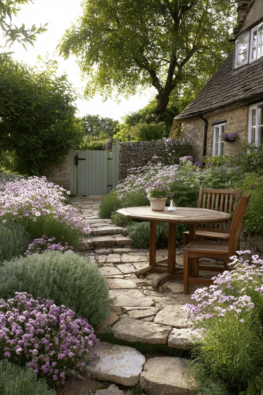 english cottage garden design with small cottage garden ideas featuring teak dining set on limestone pathways surrounded by perennial borders