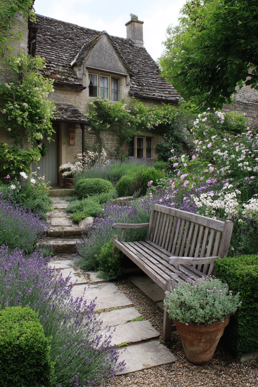 english cottage garden featuring cottage core backyard with garden cottage cottage garden borders and natural limestone stepping stone pathways