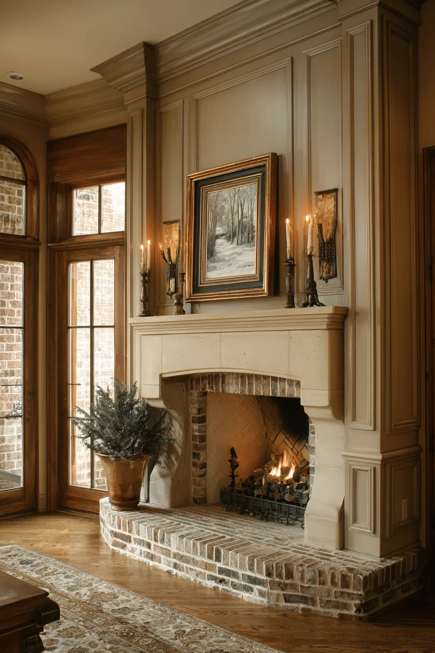 english country fireplace with traditional mantel interior design ambient lighting winter landscape artwork brass candlesticks and quality patterned area rug
