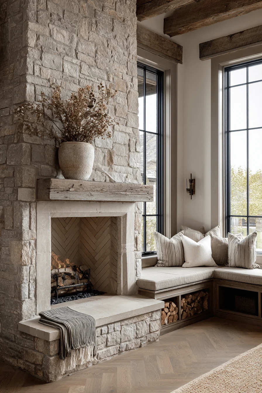 english limestone fireplace with oak beam mantel fireplace decor english countryside fireplace home decor ideas textured ceramics sage blanket