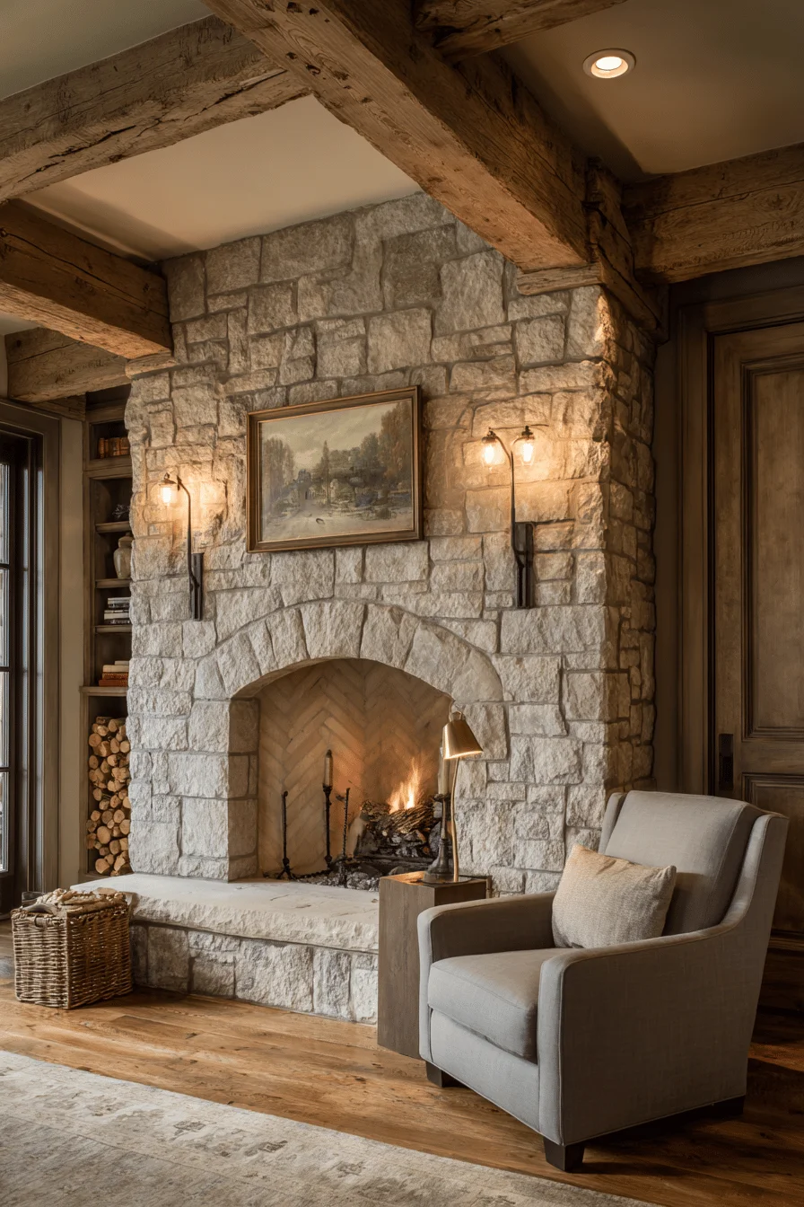 english stone fireplace decor with rustic beam mantel interior design arched glass doors honey oak flooring comfortable armchair ambient lighting