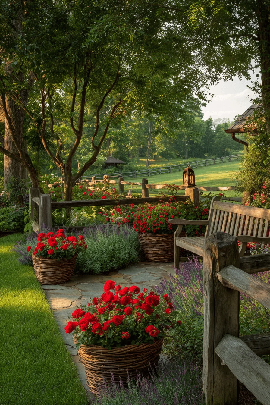 front garden ideas featuring farmhouse garden design with wicker planters stone pathways and potager garden style plantings
