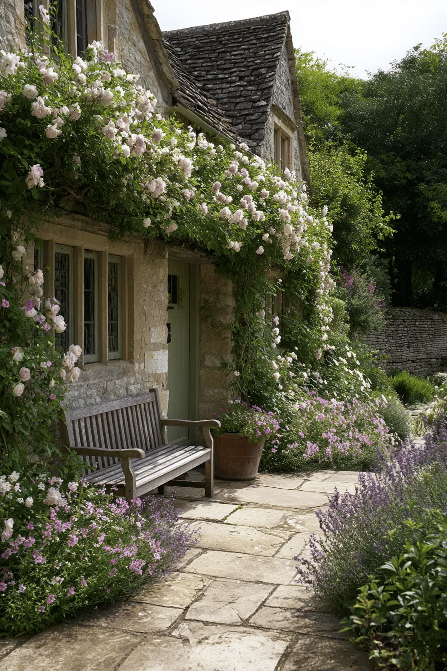 front garden ideas featuring french cottage garden design with heritage cottage roses climbing sage green trellis and lavender borders along limestone pathway