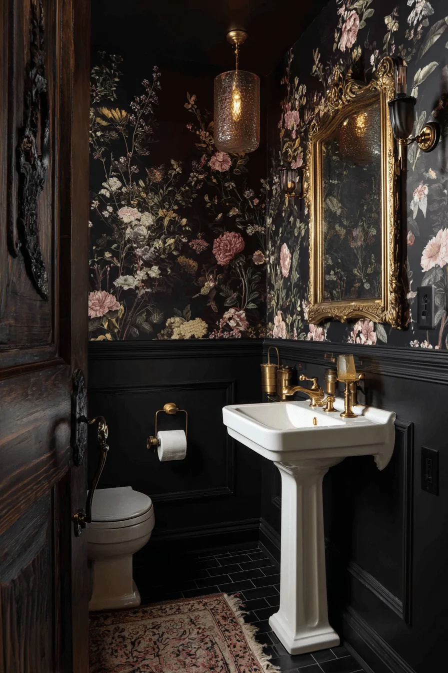 funky downstairs toilet ideas showcased in victorian style bathroom with floral wallpaper pedestal sink ornate mirror vintage sconce