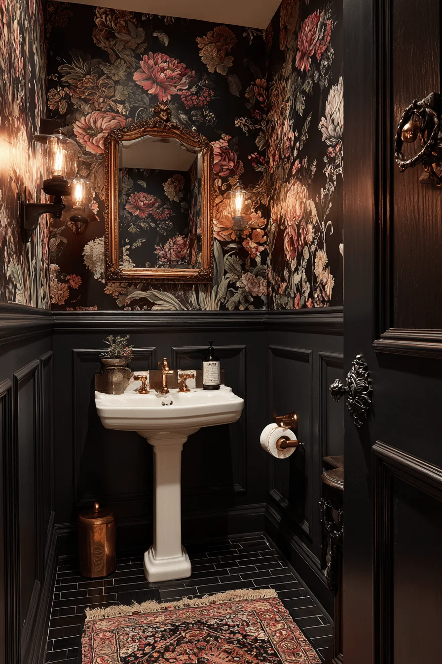 funky downstairs toilet ideas with victorian style dark wallpaper pedestal sink gold fixtures black tile plush rug