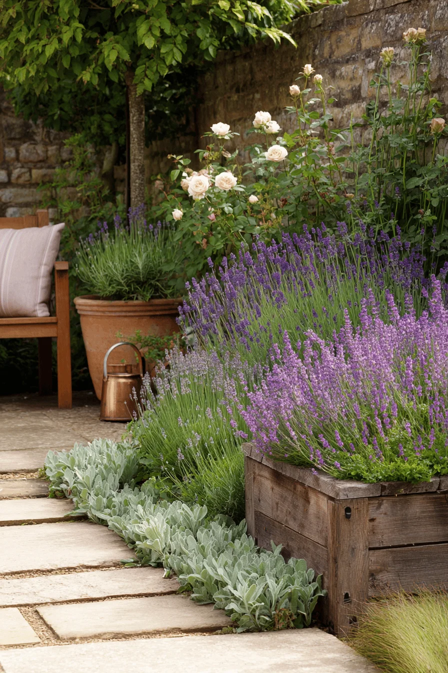 garden aesthetic showcasing cottage core garden with weathered stone walls sage green pergola and authentic terracotta herb containers
