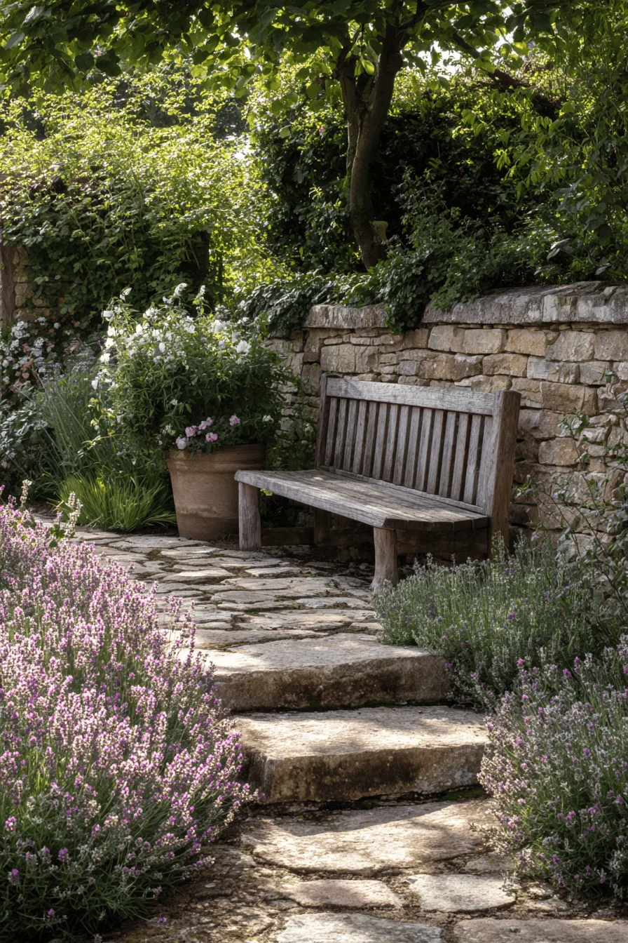 garden aesthetic showcasing cottage garden design with modern cottage garden elements including limestone stepping stones and established lavender hedge
