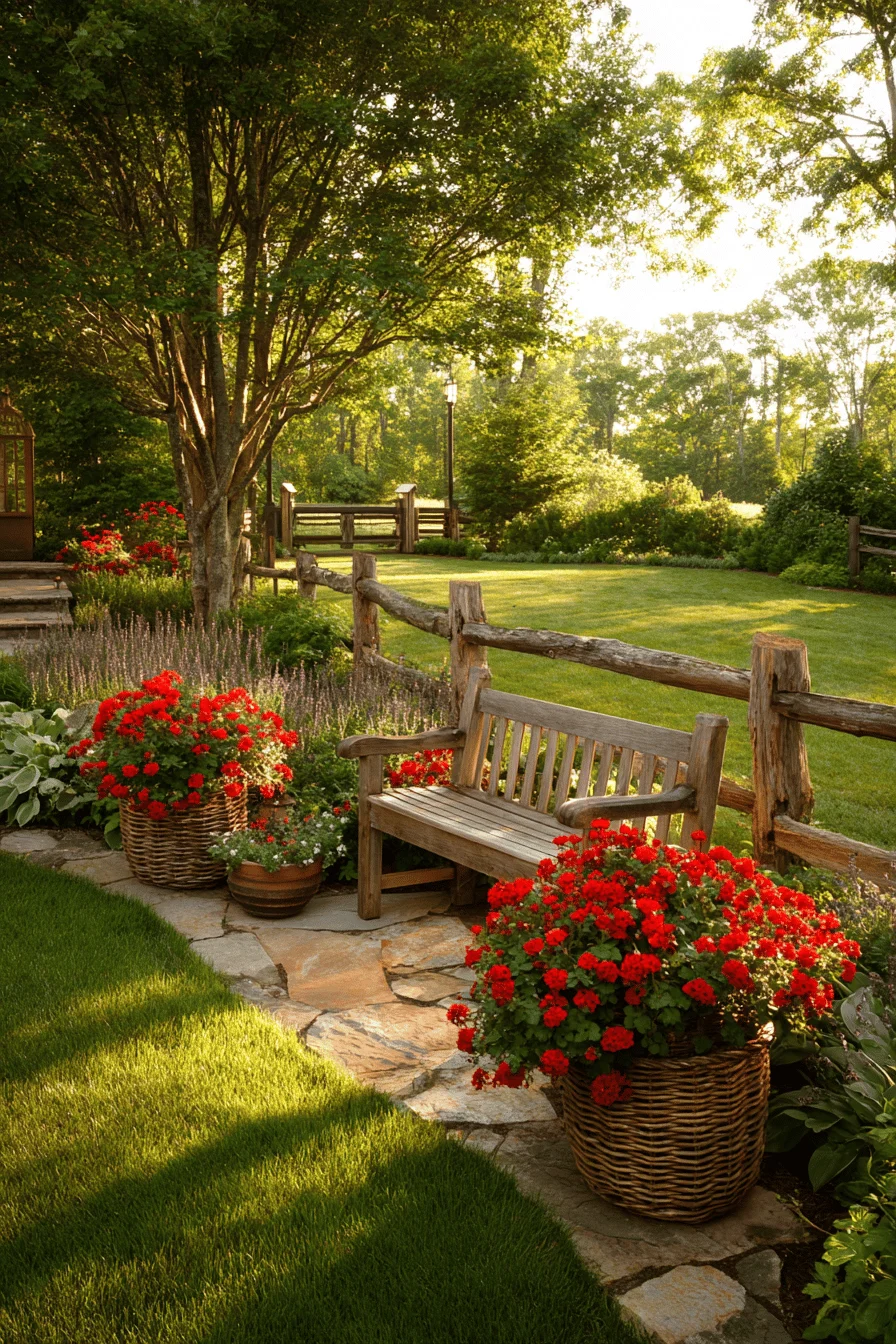 garden aesthetic showcasing farmhouse garden design with split rail fencing vibrant roses and farmhouse style landscaping elements
