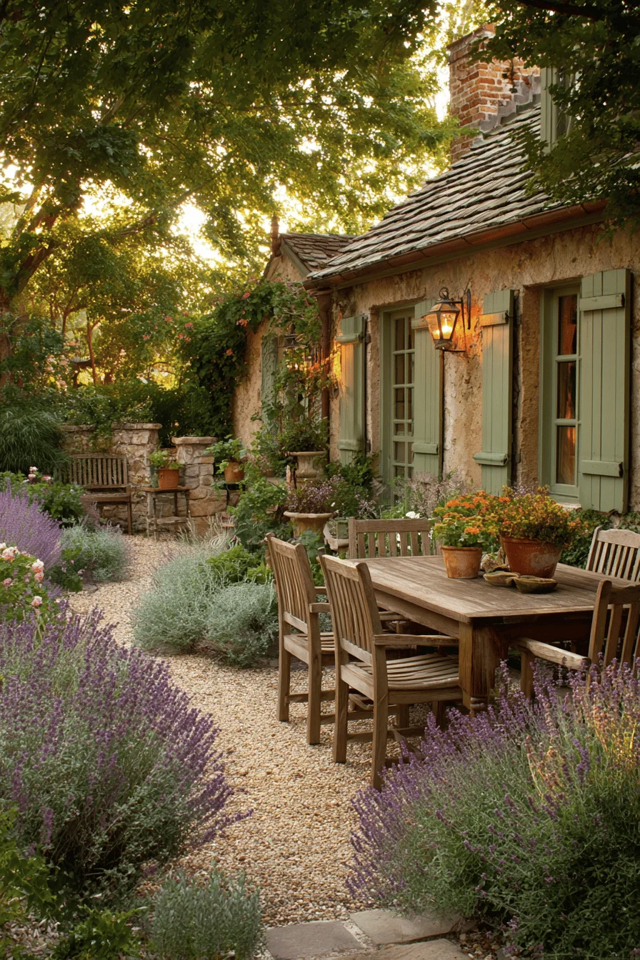 garden aesthetic showcasing farmhouse garden with rustic wooden benches climbing vines and farmhouse landscaping elements