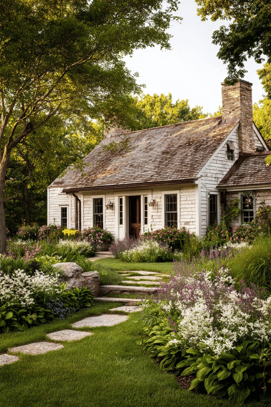 garden decor featuring farmhouse with garden design with weathered stone pathways rustic wooden structures and pasture garden plantings