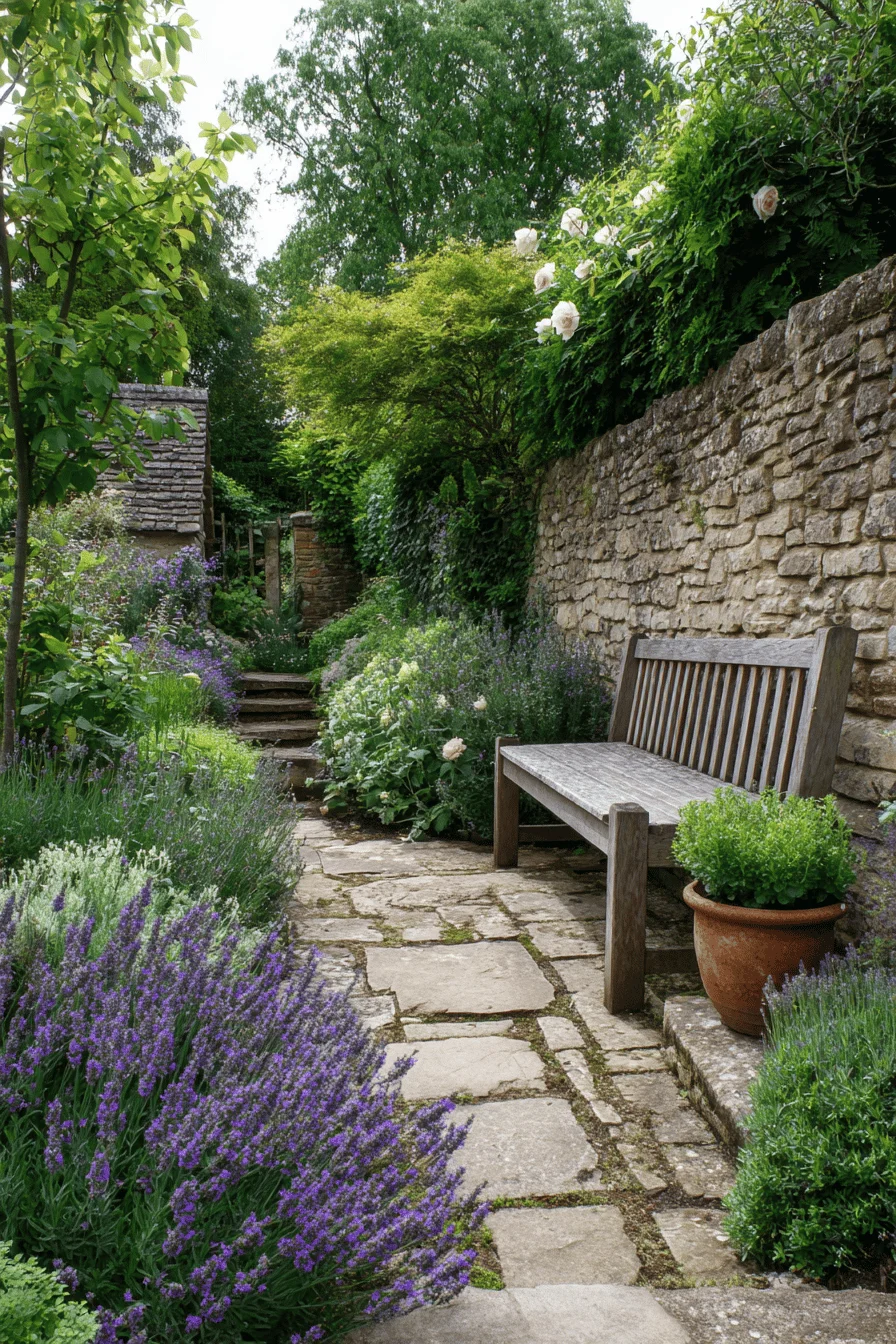 garden decor in modern cottage garden setting with premium terracotta containers herb garden and authentic dry stone wall creating multiple levels