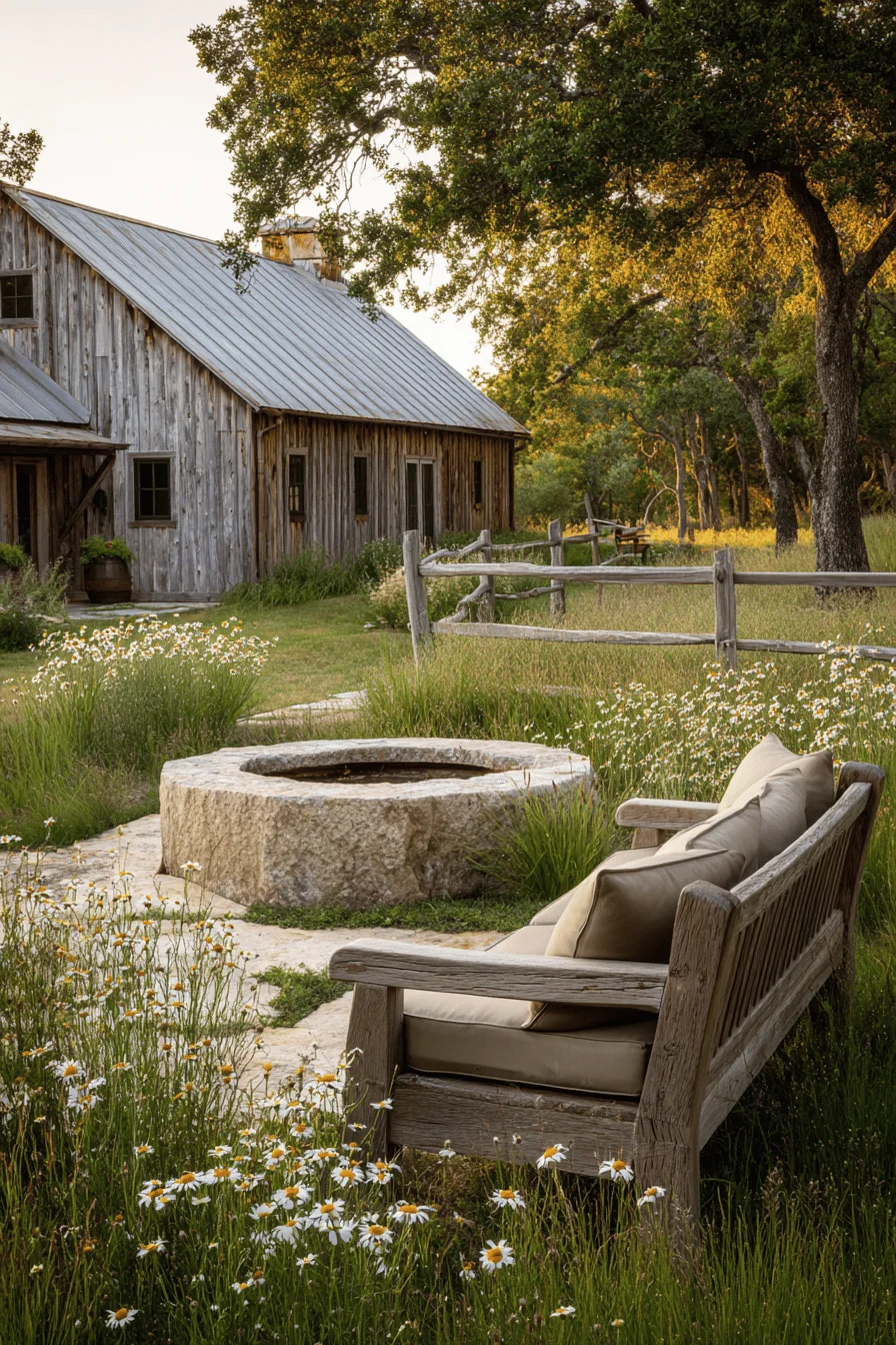 garden decor showcasing farmhouse garden ideas with comfortable wooden bench taupe cushions and circular stone water feature