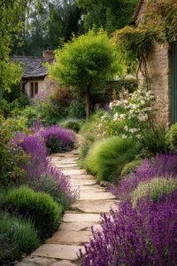 garden design featuring cottage garden aesthetic with english cottage style established perennial borders and romantic cottage elements among limestone pathways