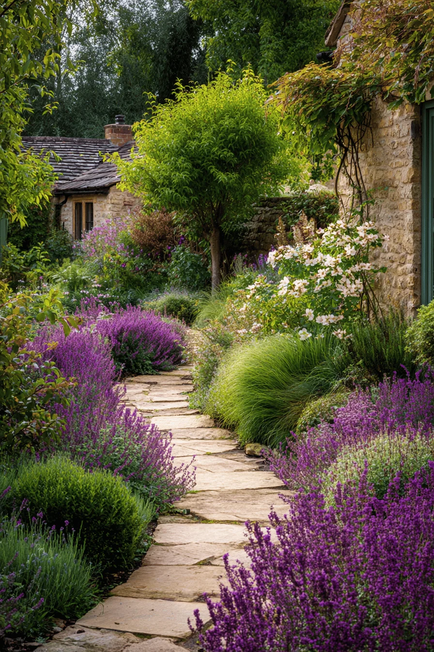 garden design featuring cottage garden aesthetic with english cottage style established perennial borders and romantic cottage elements among limestone pathways