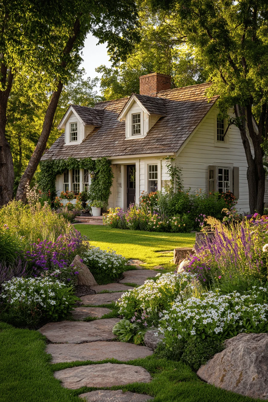 garden design featuring farmhouse with garden with mature plantings quarter acre garden layout and family yard atmosphere