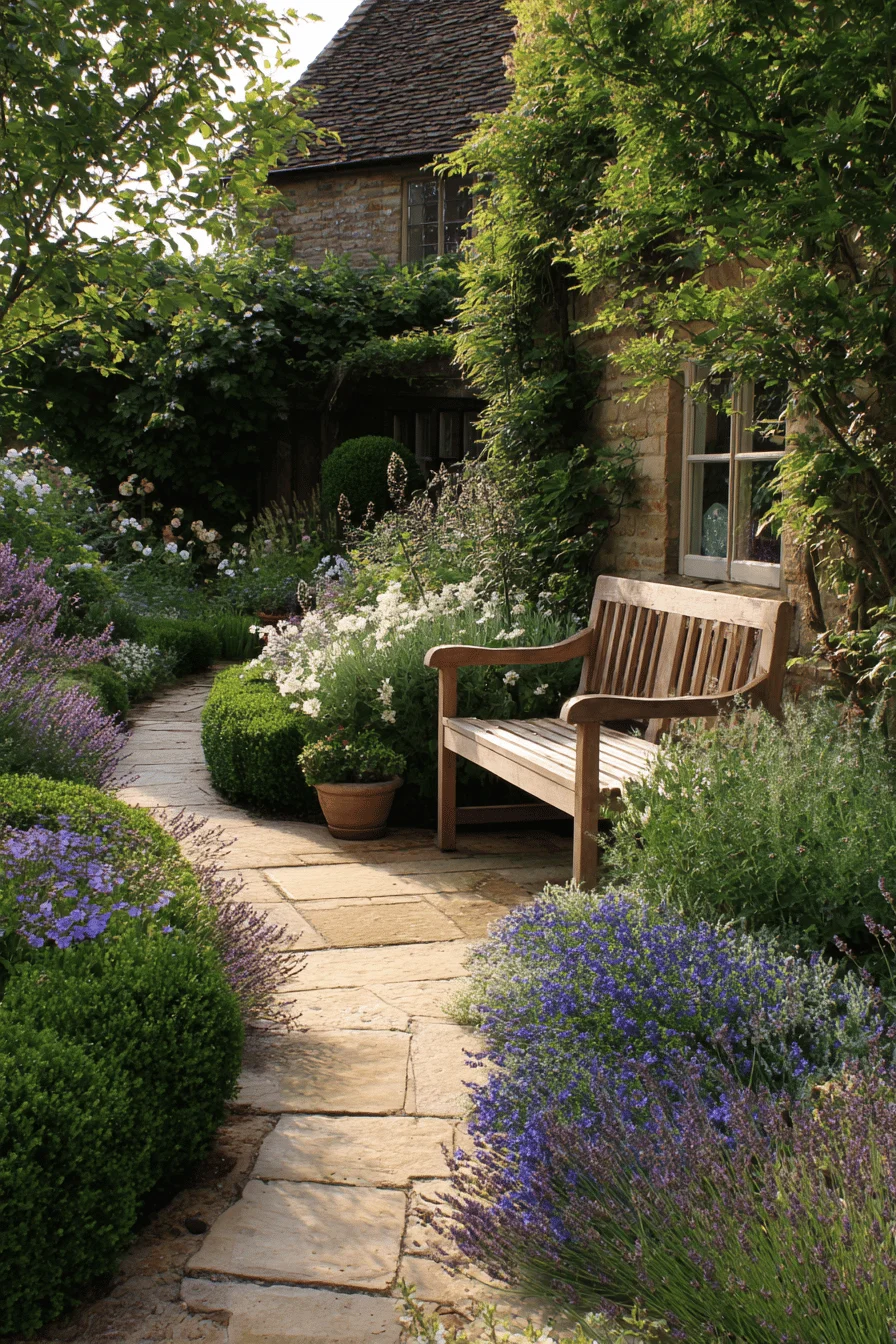 garden ideas showcasing cottage garden design with weathered dry stone walls sage green boxwood hedge and comprehensive demonstration planting plot