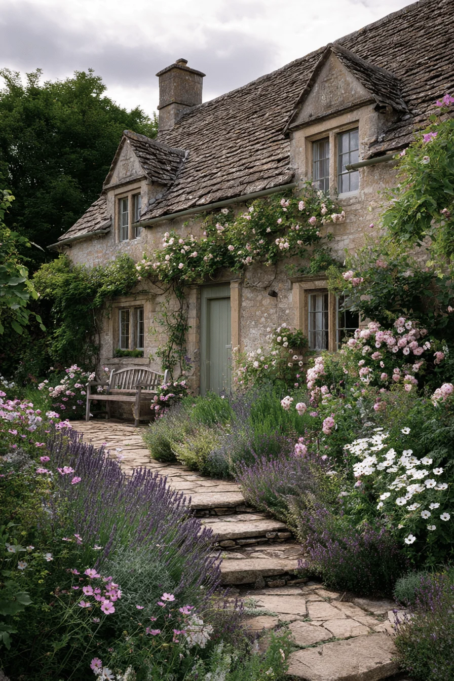 garden inspiration featuring french cottage garden with established perennial borders weathered dry stone wall and comfortable hardwood garden bench positioning