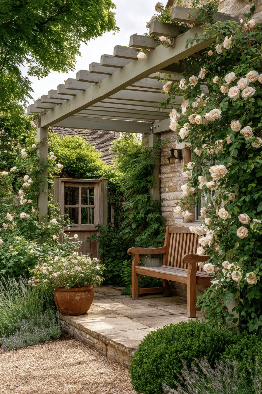 garden layout showcasing cottage garden with english cottage design elements including weathered stone walls sage green pergola and established plantings