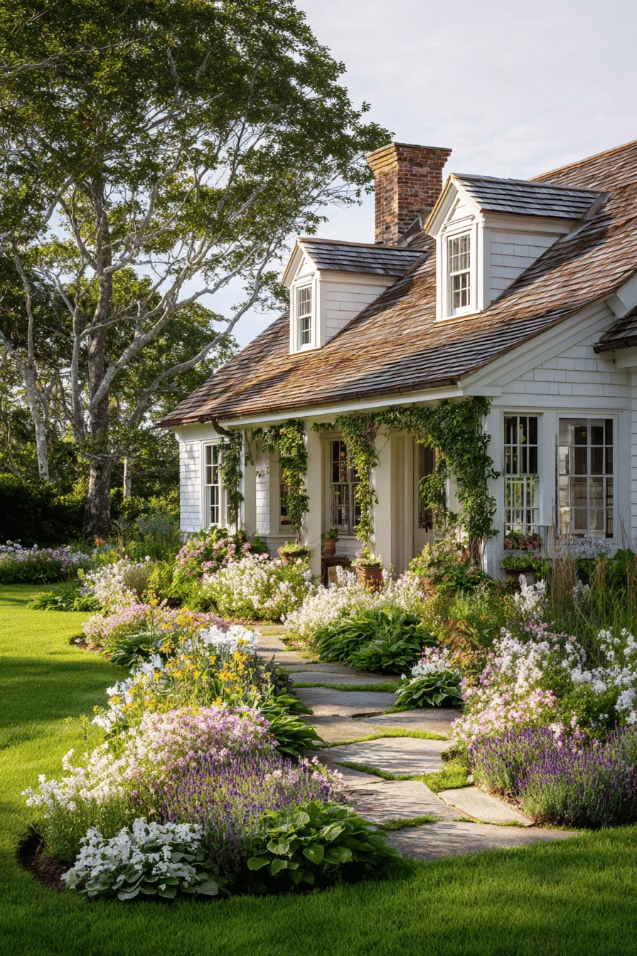 garden layout showcasing farmhouse with garden design with comfortable wooden elements and home farm aesthetic landscaping