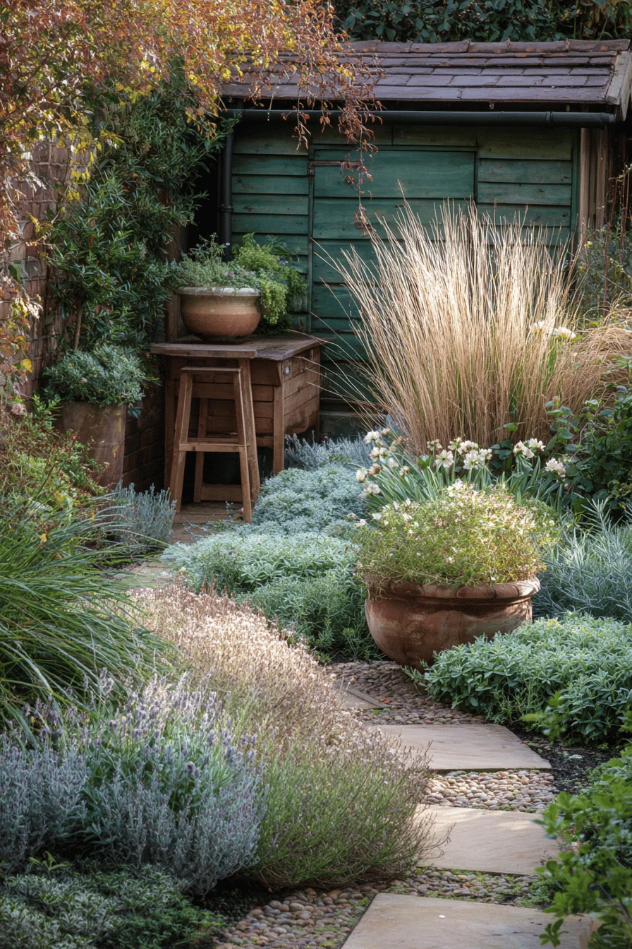 garden party ready cottage garden aesthetic featuring cottage garden design with authentic terracotta containers and comfortable hardwood garden seating