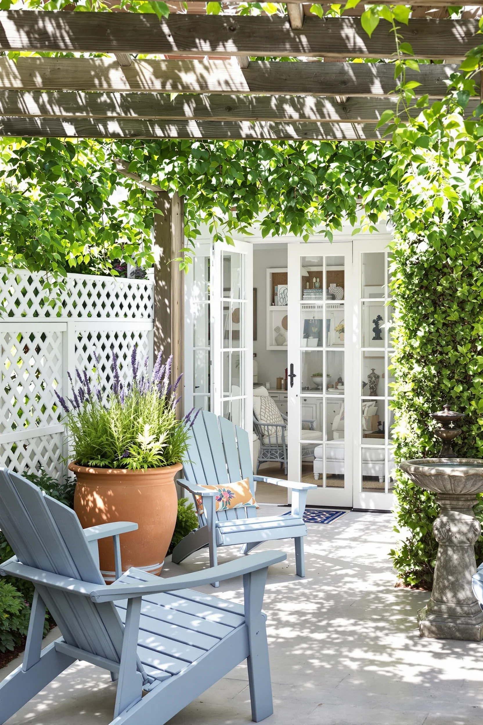 hamptons style coastal garden ideas featuring wooden pergola blue chair lavender flowering pot stone birdbath and white lattice fence
