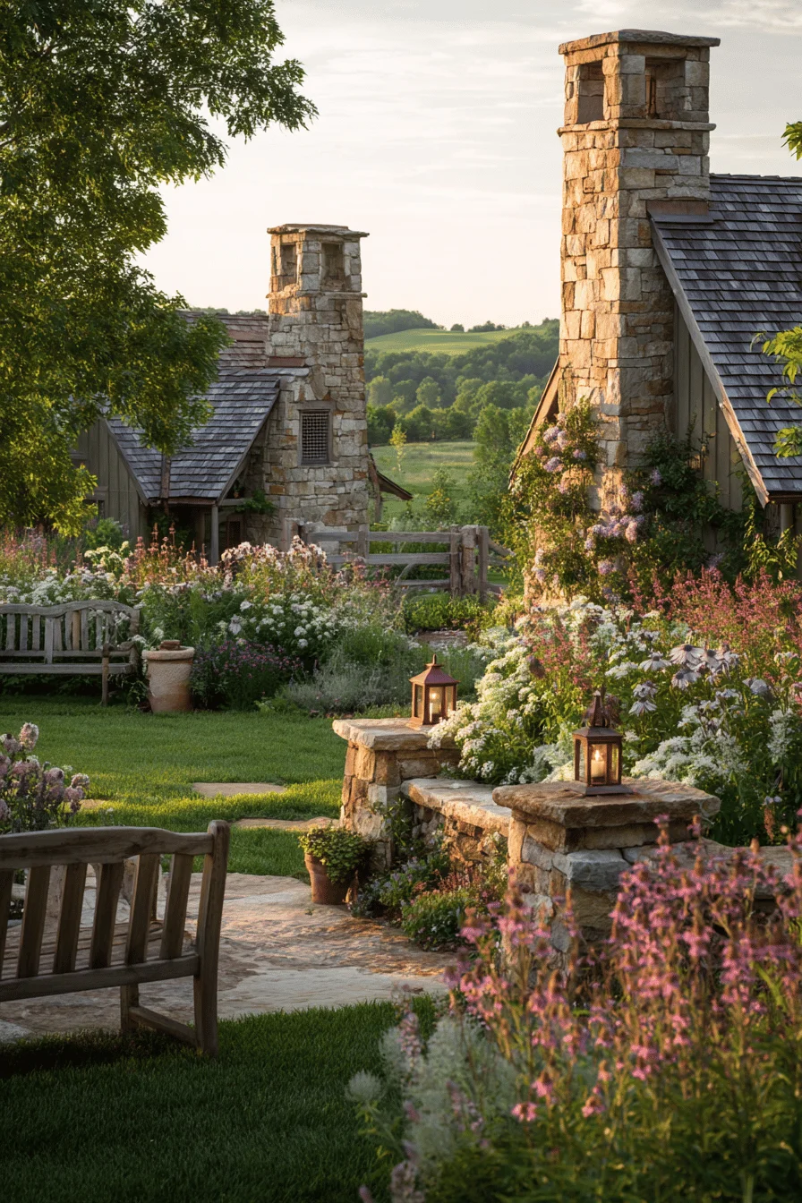 home decor featuring modern farmhouse garden with weathered limestone pathways and farmhouse landscaping elements
