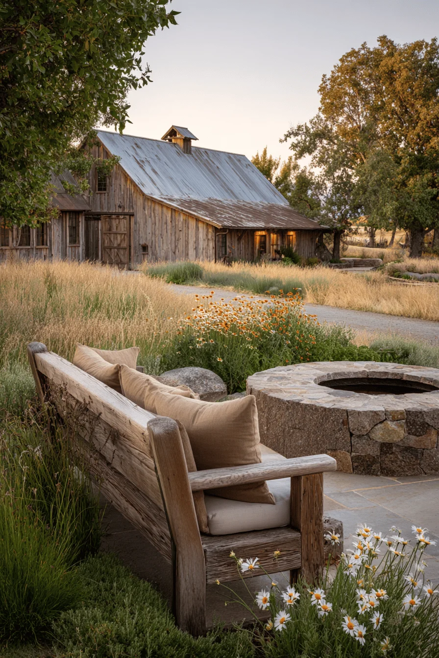 home garden design featuring farmhouse garden ideas with split rail fencing vintage wooden planters and golden evening lighting
