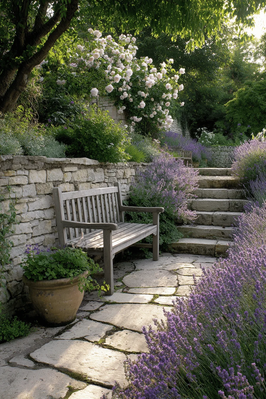 home garden design featuring modern cottage garden layout with comfortable seating area surrounded by mature plantings and natural stone retaining wall
