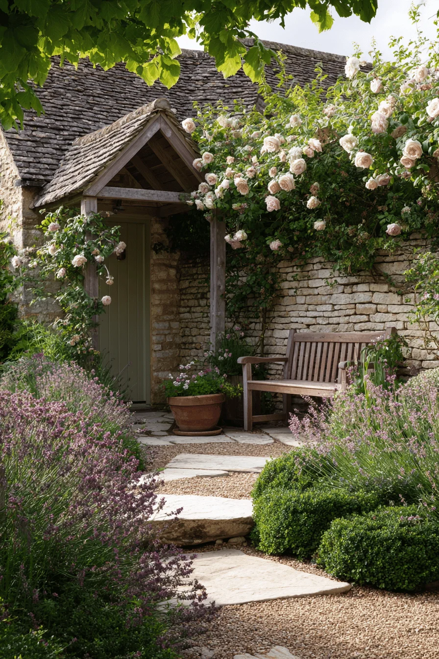 home garden featuring cottage garden design with french cottage garden style authentic terracotta containers and comfortable teak garden bench