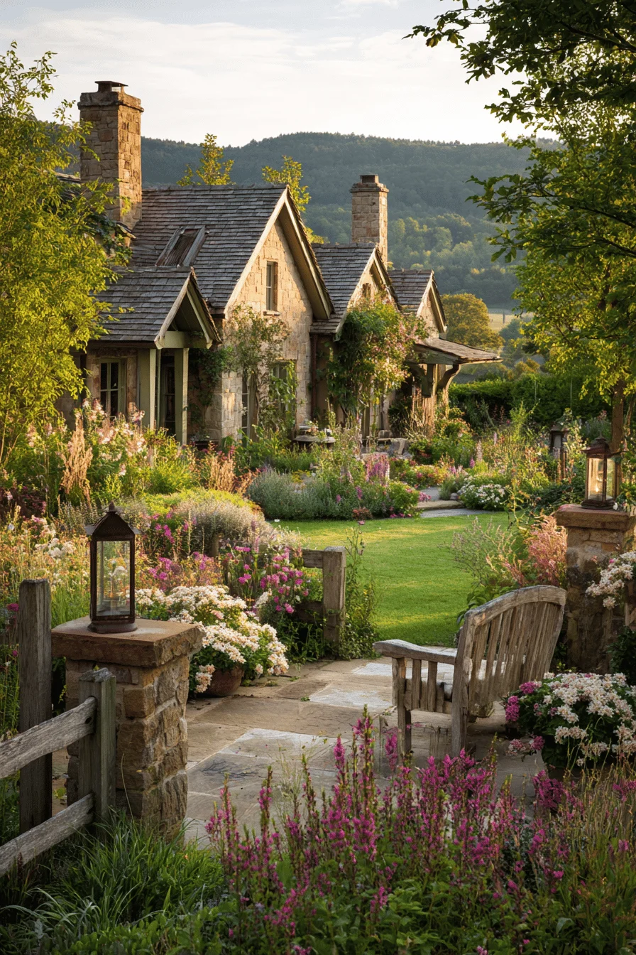 house design featuring modern farmhouse garden with manicured lawn copper garden lanterns and barndominium landscape design