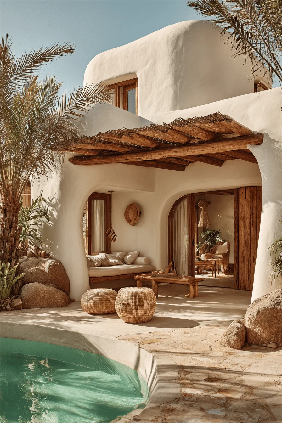 ibiza style contemporary house exterior featuring white stucco walls wooden beams swimming pool stone patio mediterranean design elements
