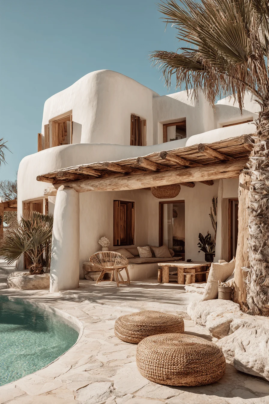 ibiza style contemporary house exterior with white walls wooden accents swimming pool stone patio mediterranean architectural elements