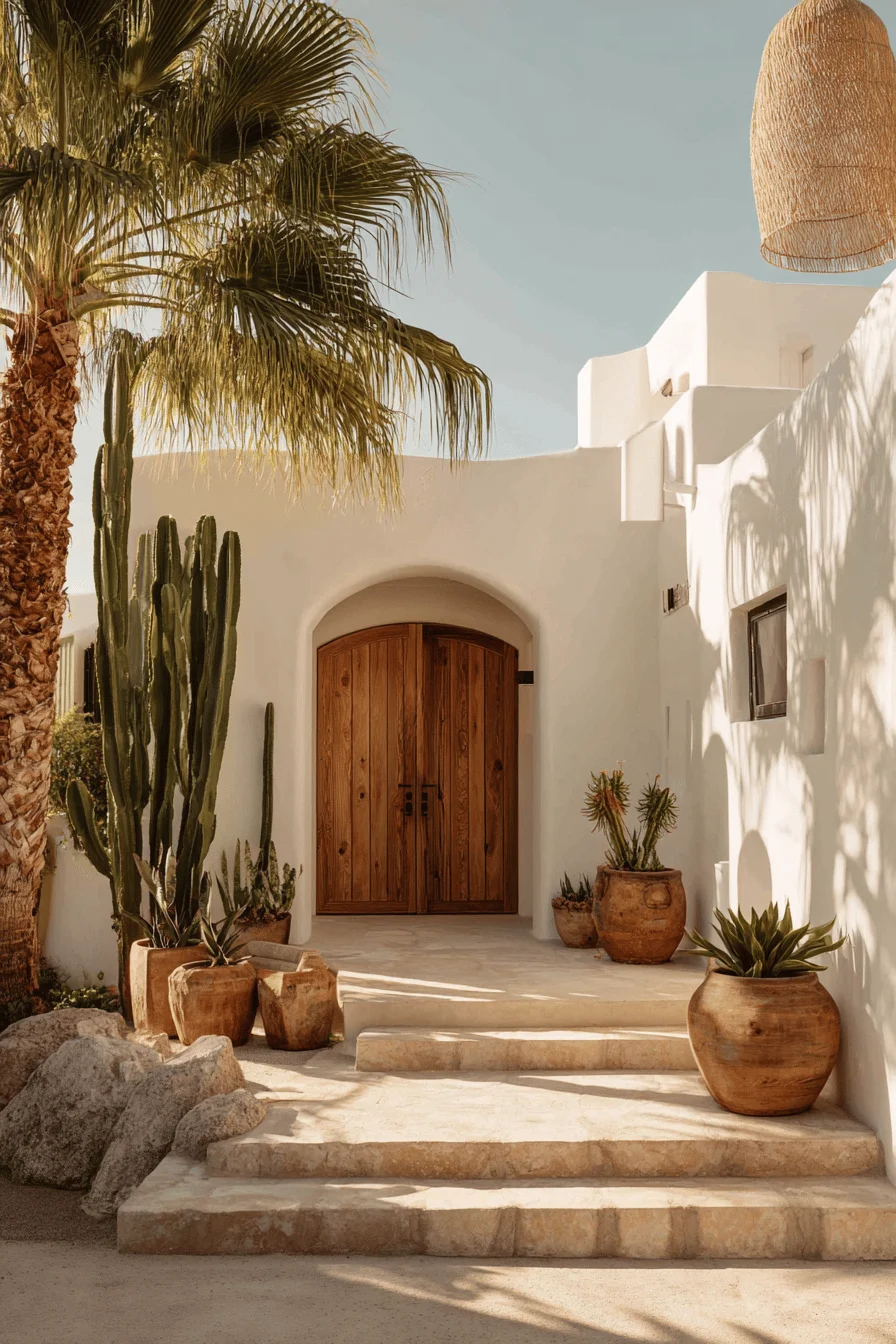 ibiza style house exterior with whitewashed walls wooden doors surrounded by cacti and palm trees house designs exterior